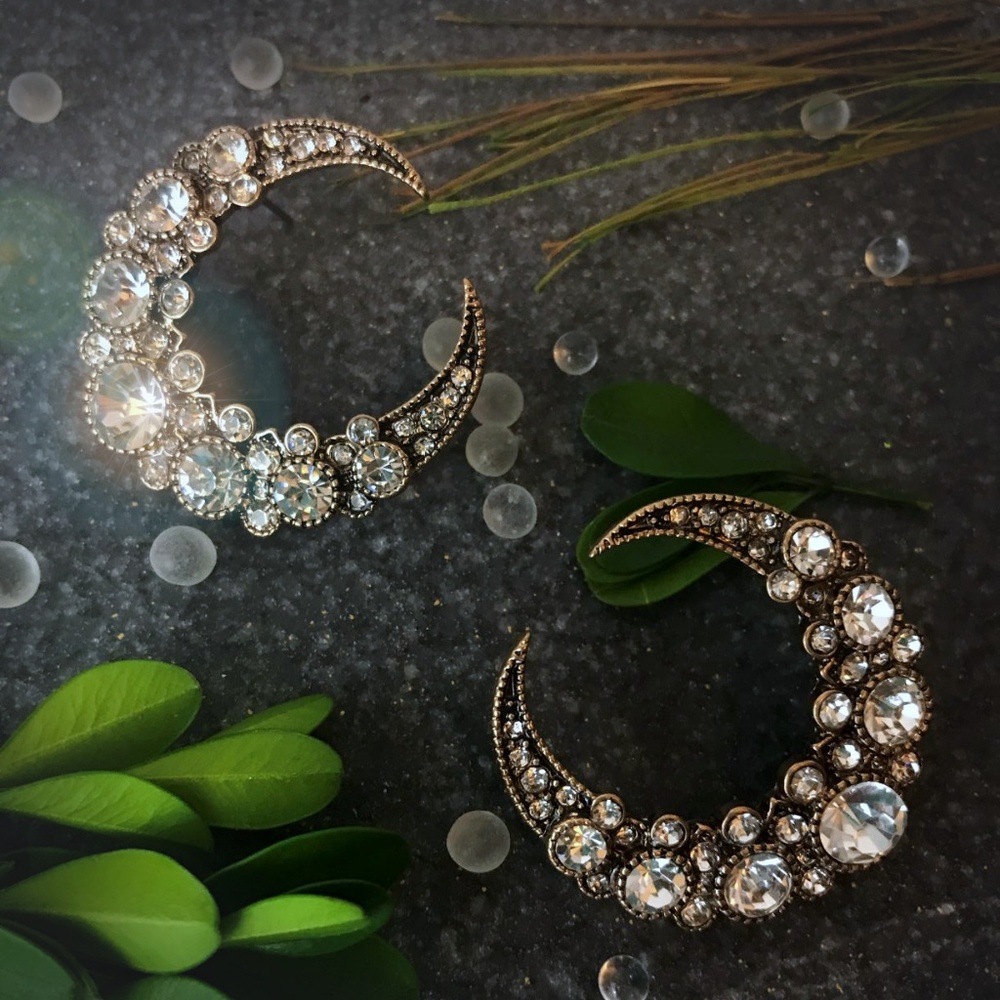 Crescent Moon Earrings Encrusted Rhinestones Large - Picture 6 of 8